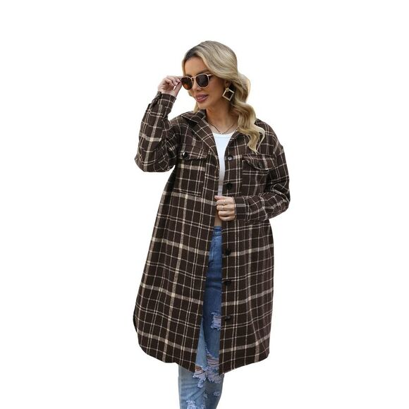 SIKAINI Tops - SIKAINI Womens Long Flannel Plaid Lapel Button Up Oversized Coat Brown XX-Large